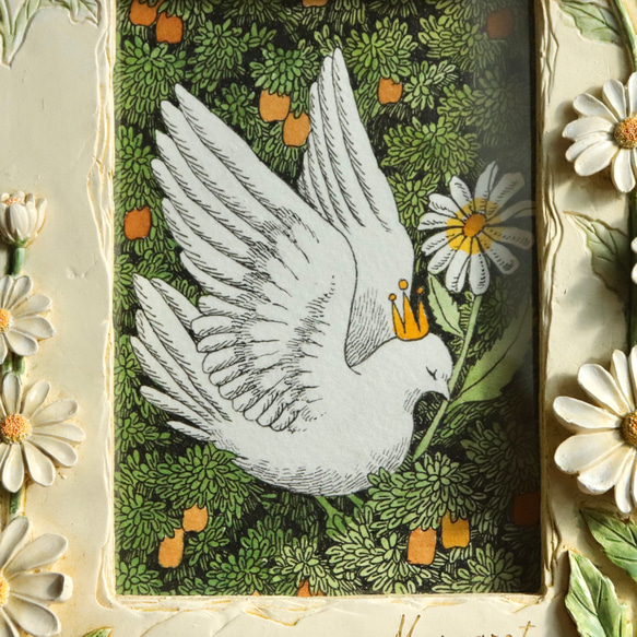 【原画】「白い鳥とデイジー」小鳥と花のペン画作品　春 2枚目の画像