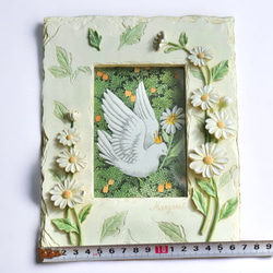 【原画】「白い鳥とデイジー」小鳥と花のペン画作品　春 4枚目の画像