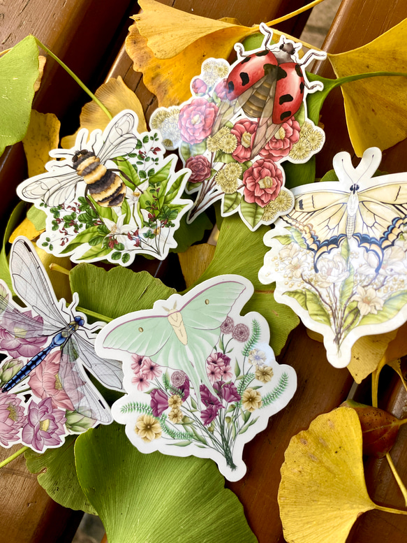 Insect Flower Bouquet Sticker Set (５ piece) - 花と虫のブーケシールセット( 1枚目の画像