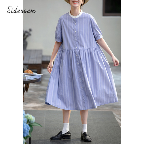 ストライプ半袖ワンピース シャツ式ワンピース スタントカラー ブルー