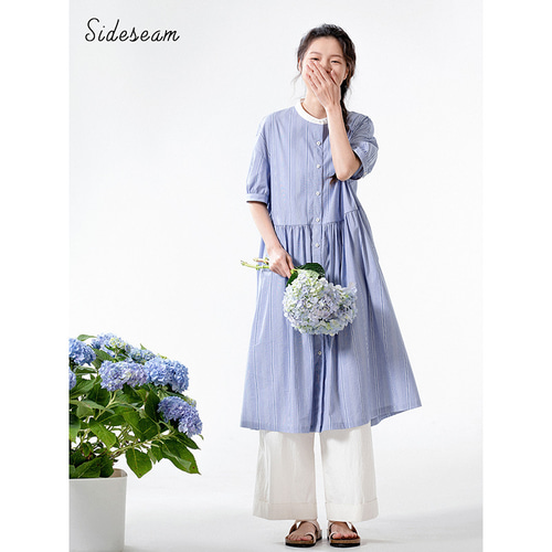 水色ストライプ 半袖ワンピース ストライプ半袖ワンピース シャツ式ワンピース スタントカラー