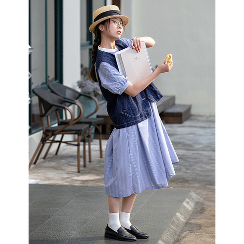 水色ストライプ 半袖ワンピース ストライプ半袖ワンピース シャツ式ワンピース スタントカラー ブルー