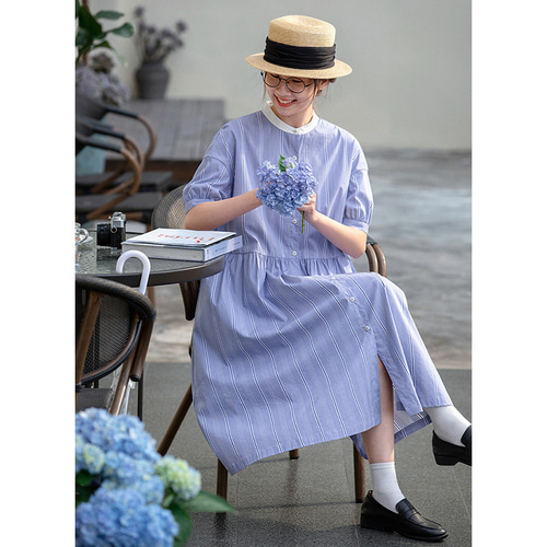 ストライプ半袖ワンピース シャツ式ワンピース スタントカラー ブルー