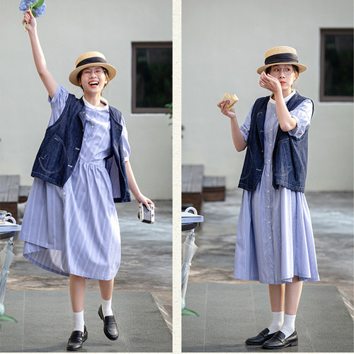 ストライプ半袖ワンピース シャツ式ワンピース スタントカラー ブルー