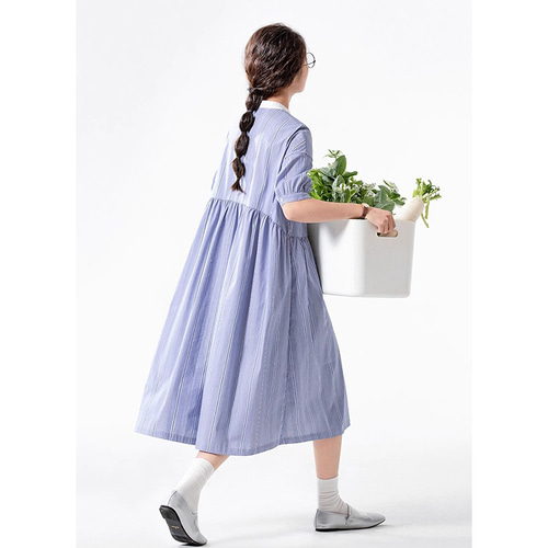 ストライプ半袖ワンピース シャツ式ワンピース スタントカラー ブルー