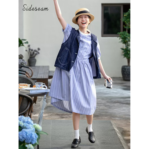 ストライプ半袖ワンピース シャツ式ワンピース スタントカラー ブルー