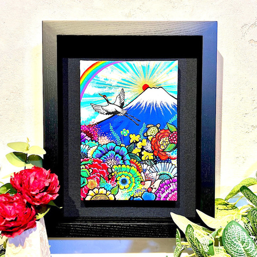 水彩アート「花とガラスの花活け」1点物、手書き真筆。送料無料
