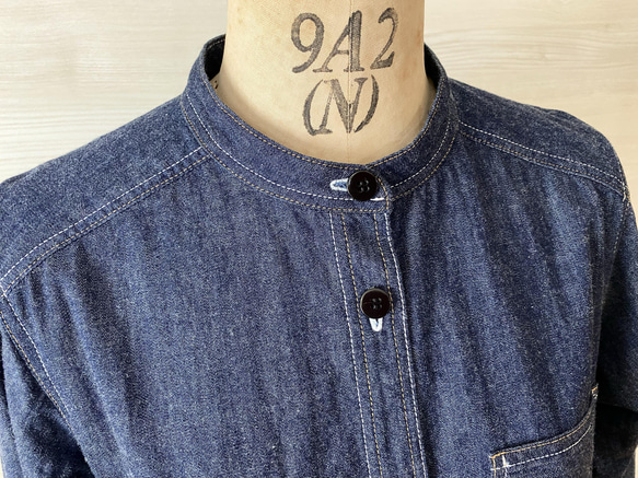《受注製作》袖口カフスタイプ ２色ステッチのデニムワンピース〈ネイビー〉  羽織り シャツコート 春アウター 9枚目の画像
