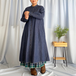 《受注製作》袖口カフスタイプ ２色ステッチのデニムワンピース〈ネイビー〉  羽織り シャツコート 春アウター 8枚目の画像