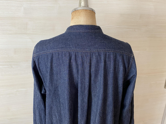 《受注製作》袖口カフスタイプ ２色ステッチのデニムワンピース〈ネイビー〉  羽織り シャツコート 春アウター 10枚目の画像