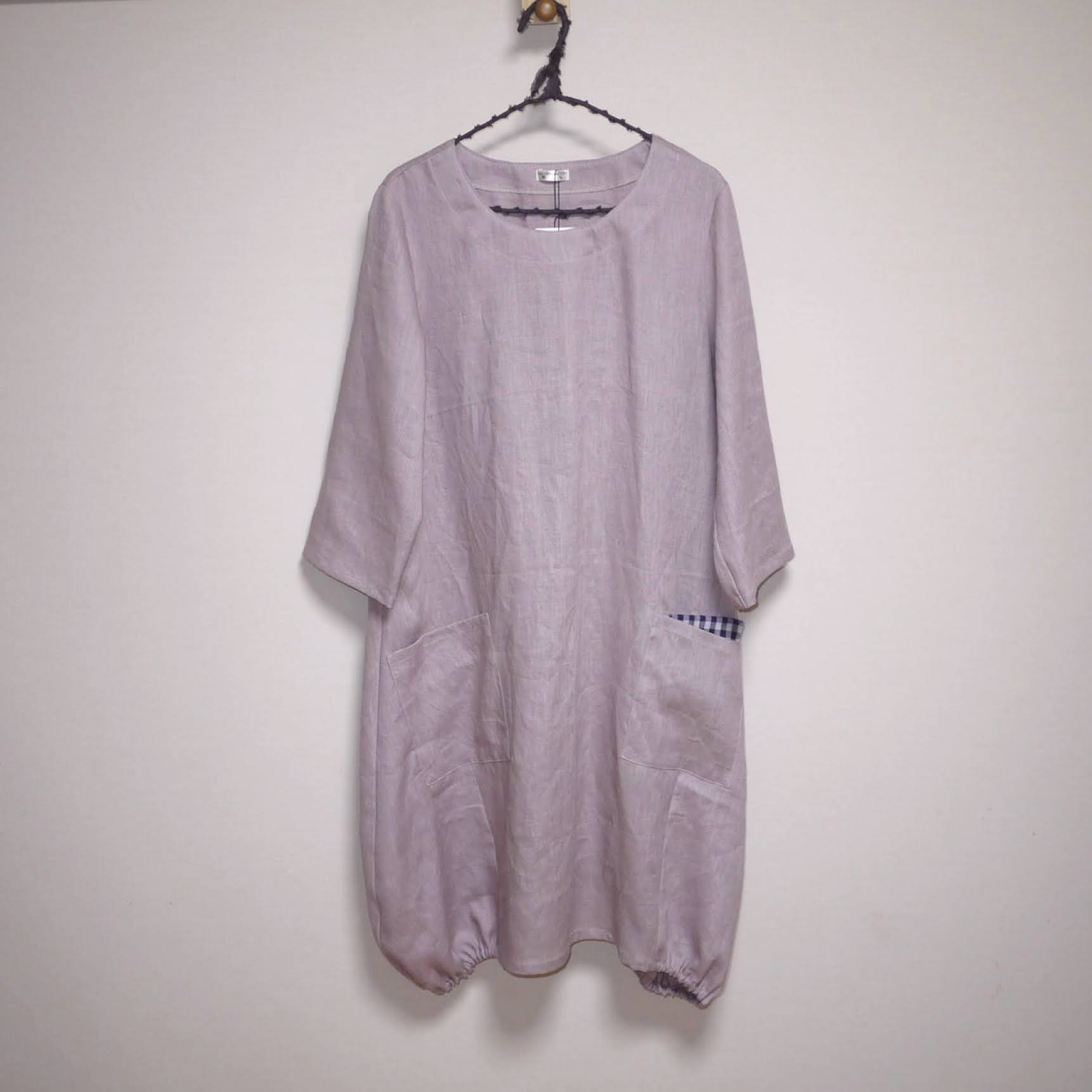 カラーリネン◆バルーンワンピ　七分袖◆オールドモーブ◆S・M・Ⅼ・LL（中厚、リネン100％）