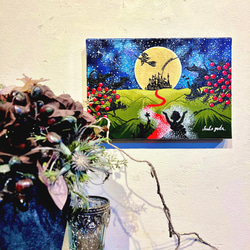 アクリル画 原画 額縁付き 作品名「あなたの願いが叶う日」 ファンタジーな絵　星空の絵　月の絵　猫の絵 3枚目の画像