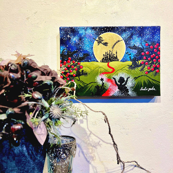 アクリル画 原画 額縁付き 作品名「あなたの願いが叶う日」 ファンタジーな絵　星空の絵　月の絵　猫の絵 3枚目の画像