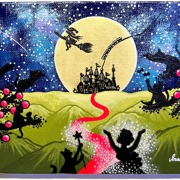 アクリル画 原画 額縁付き 作品名「あなたの願いが叶う日」 ファンタジーな絵　星空の絵　月の絵　猫の絵 4枚目の画像