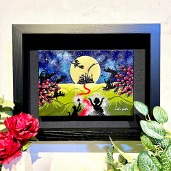 アクリル原画 額縁付き 作品名「あなたの願いが叶う日」 ファンタジーな絵　星空の絵　月の絵　猫の絵 1枚目の画像