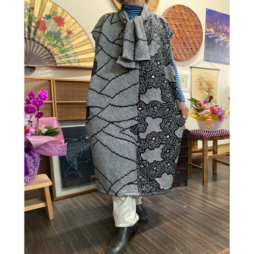 総絞り色々(黒)ロングチュニック(ストール付き) 着物リメイク 