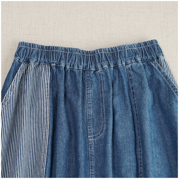 大人のリラックススカート 頑張らずともこなれて見える デニム ロング丈 レイヤード風 異素材 レディース ロング丈 ネイ 6枚目の画像