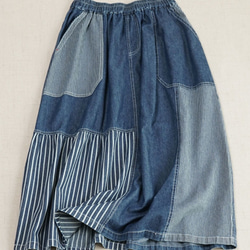 大人のリラックススカート 頑張らずともこなれて見える デニム ロング丈 レイヤード風 異素材 レディース ロング丈 ネイ 16枚目の画像