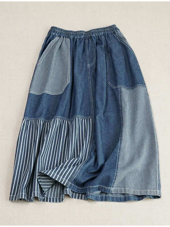 大人のリラックススカート 頑張らずともこなれて見える デニム ロング丈 レイヤード風 異素材 レディース ロング丈 ネイ 16枚目の画像