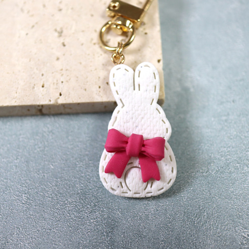 うさぎ キーホルダー りぼん付 選べるキーホルダーパーツ ポリマー