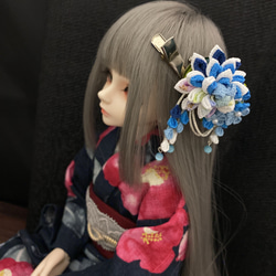 【つまみ細工-ブルー2way-】球体関節人形MSD SDM MDD 40cmドール用髪飾り 1枚目の画像