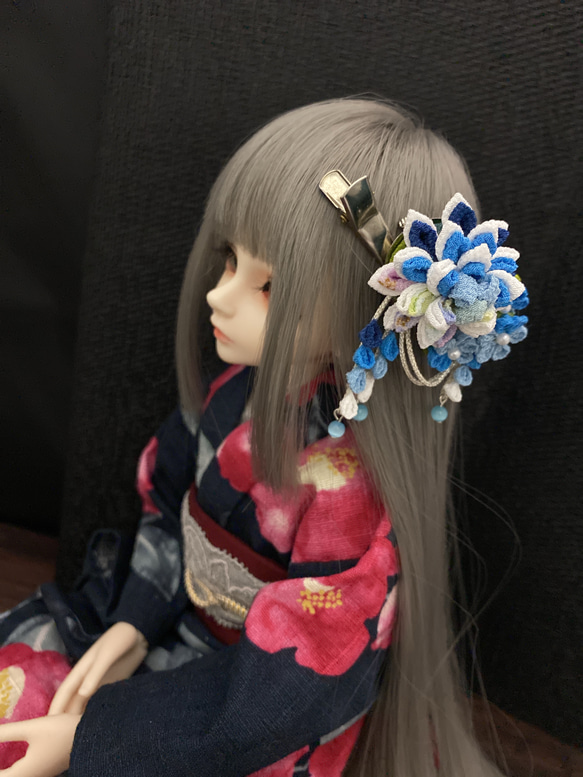 【つまみ細工-ブルー2way-】球体関節人形MSD SDM MDD 40cmドール用髪飾り 1枚目の画像