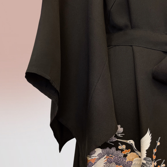 優美な袖感 留袖ワンピース フォーマル 上質 着物リメイク 正絹 演奏会 結婚式 和柄 M～２Ｌ 黒 T6301 8枚目の画像