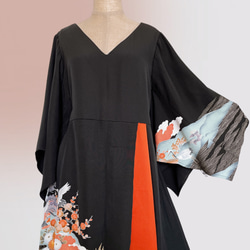優美な袖感 留袖ワンピース フォーマル 上質 着物リメイク 正絹 演奏会 結婚式 和柄 M～２Ｌ 黒 T6301 10枚目の画像