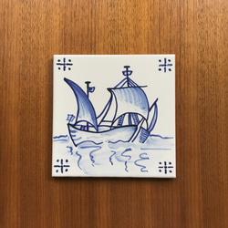 ポルトガル・タイル　アズレージョ　1枚　飾りや鍋敷きに 14㎝（船4） 2枚目の画像