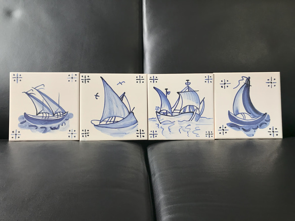 ポルトガル・タイル　アズレージョ　4枚セット　飾りや鍋敷きに 14㎝ｘ4枚（船） 2枚目の画像