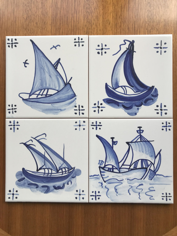 ポルトガル・タイル　アズレージョ　4枚セット　飾りや鍋敷きに 14㎝ｘ4枚（船） 1枚目の画像