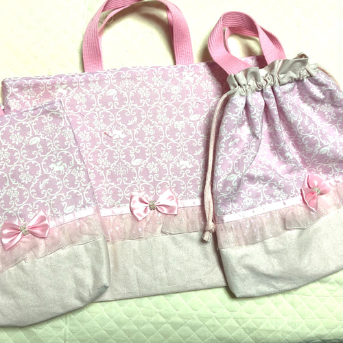 ダマスク柄　ピンク　レッスンバッグ　上履き袋　体操着袋　巾着　入園　入学 ダマスク柄ピンクレッスンバッグ上履き袋体操着袋巾着入園入学