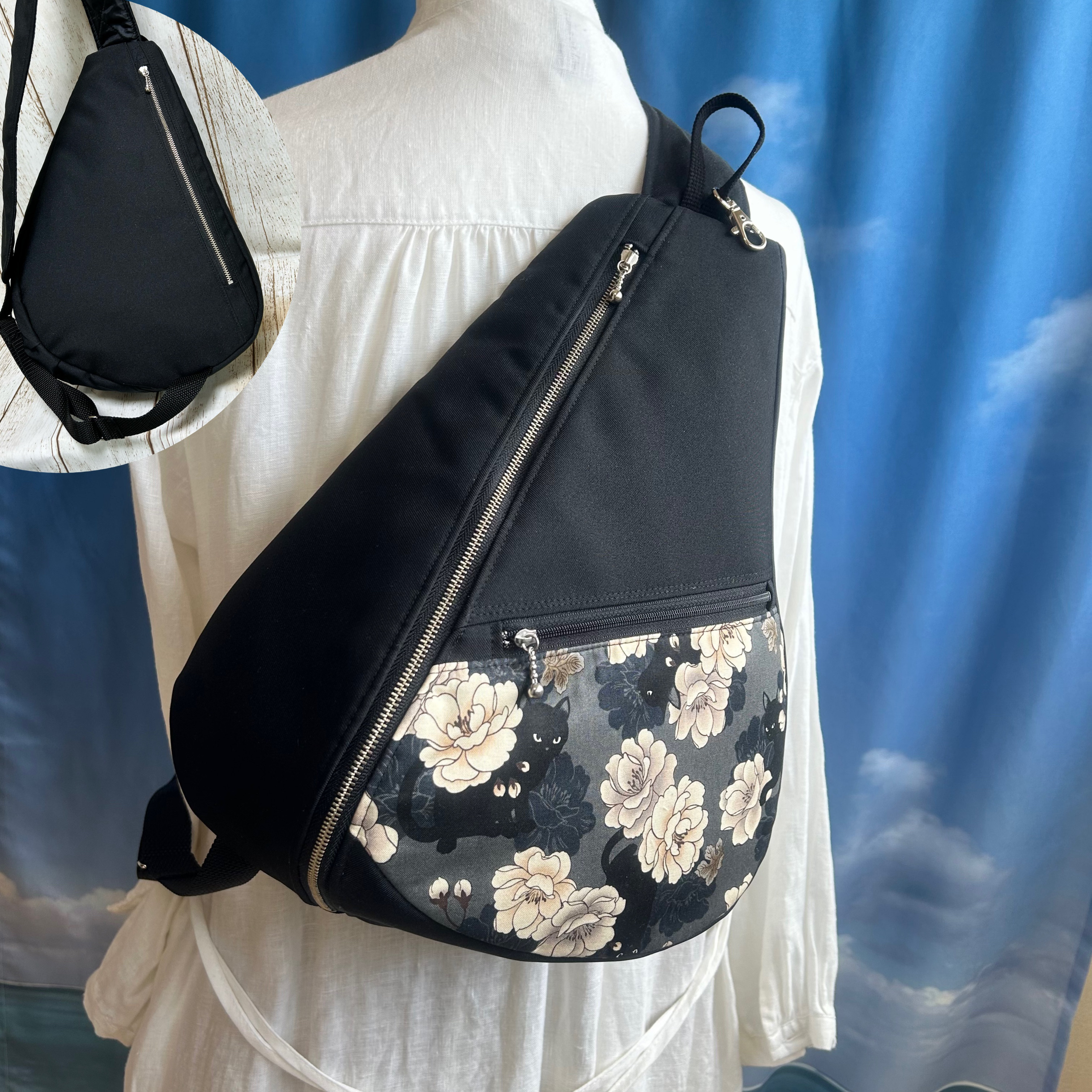 背面ファスナーポケット付きシワになりにくい　軽量　ワンショルダーバック　ボディーバック　長さ調節可能　黒色　クロネコ小柄