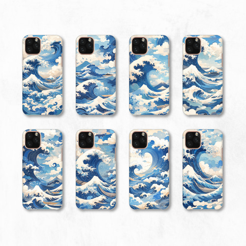 波 模様 海 美術 デザイン 青 白 泡 全機種対応スマホケース 背面型