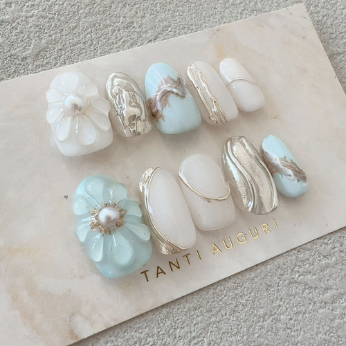 スカイブルー 水色系 ネイルチップ 乳白色 ホワイト 青系 花