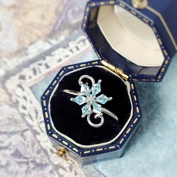 雪花菱形瑞士藍托帕石純銀戒指 第1張的照片