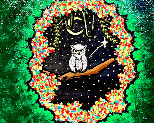 ふくろうの絵 手描き絵画 幸せのフクロウ owl 縁起物 絵画