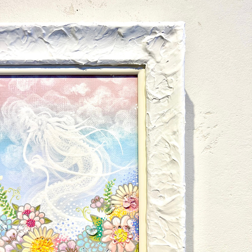 絵の中に水晶付き龍の絵 原画 お花(空ピンクバージョン) 龍神様