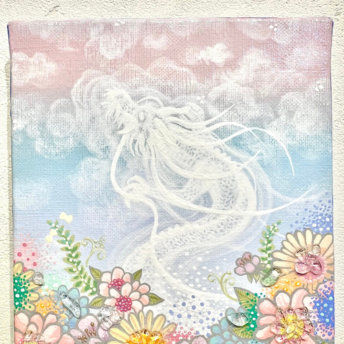 絵の中に水晶付き龍の絵 原画 お花(空ピンクバージョン) 龍神様