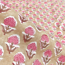 【50cm單位】米色棕色粉紅色小花印度手工塊印花布料棉質 第5張的照片