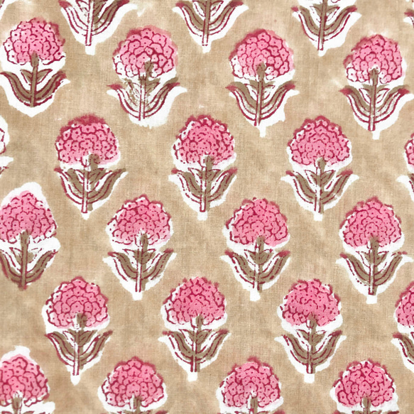 【50cm單位】米色棕色粉紅色小花印度手工塊印花布料棉質 第2張的照片