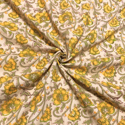 【50cm單位】米色布料黃綠花印度手工塊印花布料棉質 第1張的照片