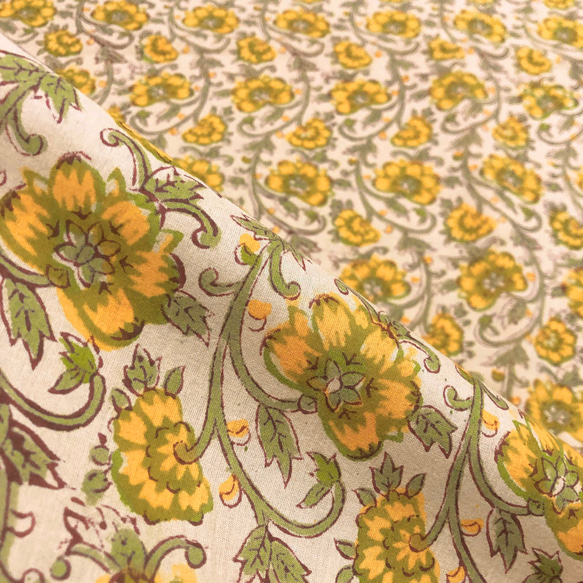 【50cm單位】米色布料黃綠花印度手工塊印花布料棉質 第5張的照片