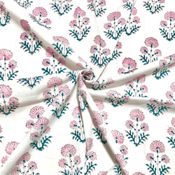 【50cm單位】白色粉紅色花朵綠葉印度手工塊印花布料棉質 第1張的照片