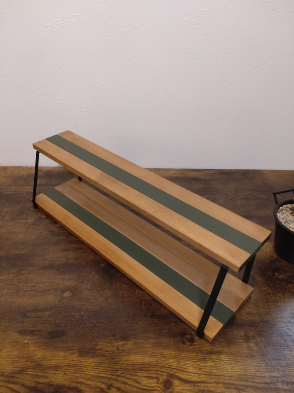 新色　6色から選べる　スパイスキッチンラック　台形アイアン✕木製2段棚 ディスプレイラック 5枚目の画像