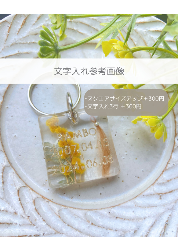 【うちの子素材】『ミモザ』名入れ可　ペットの毛・ヒゲ・羽・爪・乳歯・遺骨・遺灰 封入　ペットメモリアルキーホルダー 18枚目の画像
