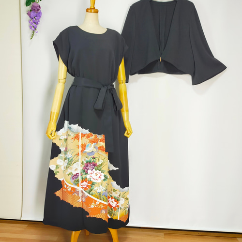 黒留袖 リメイクボレロ付きロングドレス鶴と花の刺繍付き