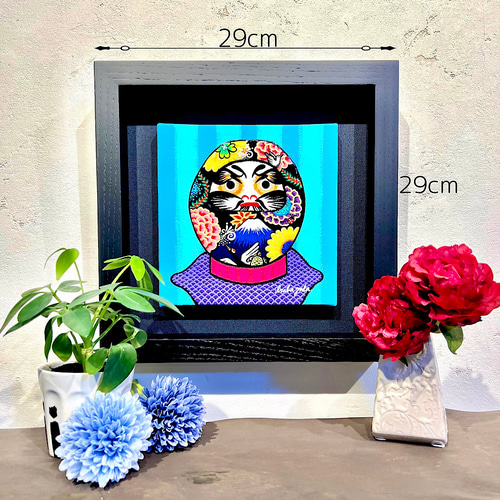 額縁付きダルマの絵 手描き絵画 カラフルダルマ おしゃれな