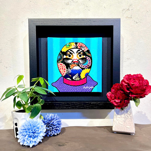 絵画　手作り額縁つき 額縁付きダルマの絵 手描き絵画 カラフルダルマ おしゃれなダルマ