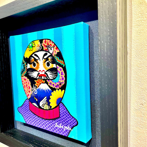 額縁付きオリジナル手描きイラスト 額縁付きダルマの絵 手描き絵画 カラフルダルマ おしゃれなダルマ